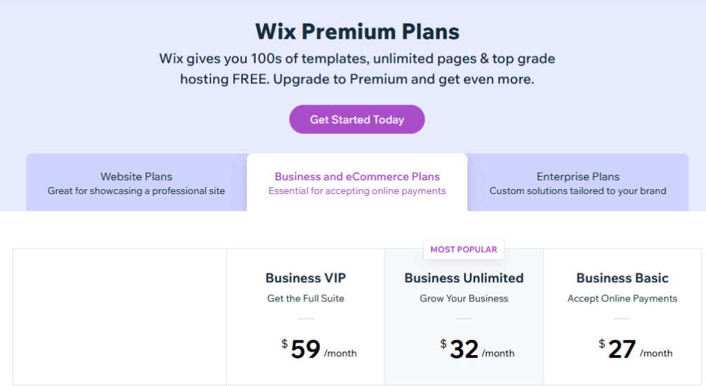 WIX pricing for eCommerce website builders for small business