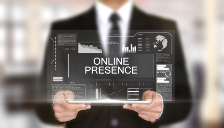 On Line Presence. A man holding a computer with graphs, charts showing the value of an online presence will have to your business by KVT Design