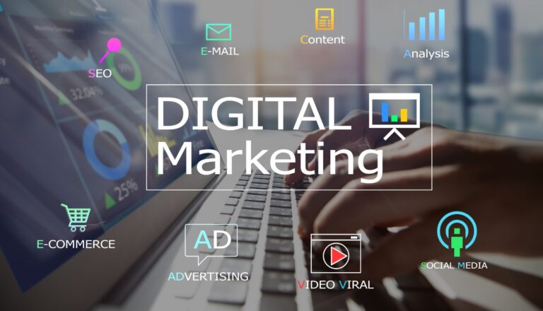 Digital Marketing and various icons representing digital marketing by KVT Design