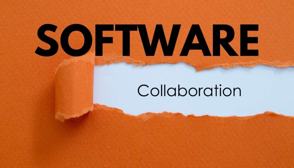 orange construction with word SOFTWARE on the paper then a rip in middle showing the word collaboration under the rip. Software Collaboration tools needed for Graphic Design
