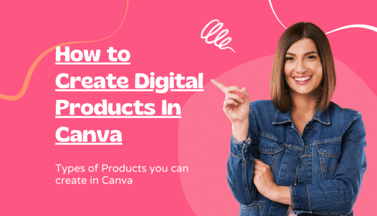 Lady smiling in jean jacket and pointing to How to Create Digital Design Products in Canva