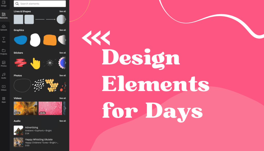 Slide title Design Elements for Days and arrows pointing to the element slider within Canva