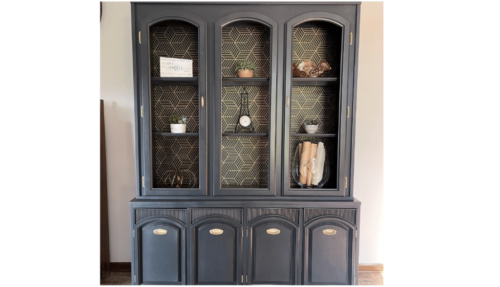 Old Antique Hutch given a new life - Restoration - Painted Black with Dixie Belle Paint and Wallpaper used for the interior of the hutch - Black and Gold
