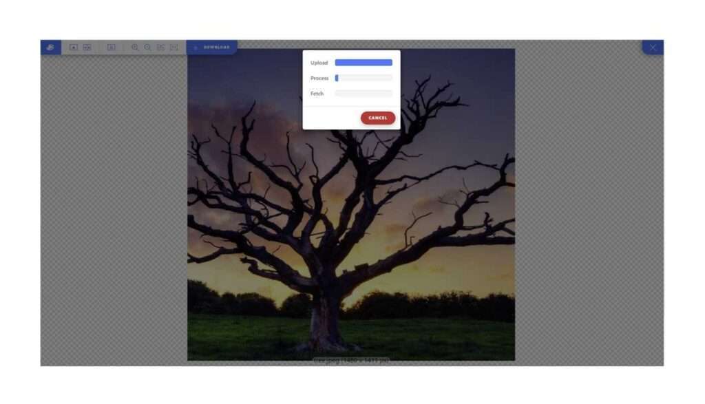 Image of a tree with now leaves in the vectorize.ai tool with progress bar