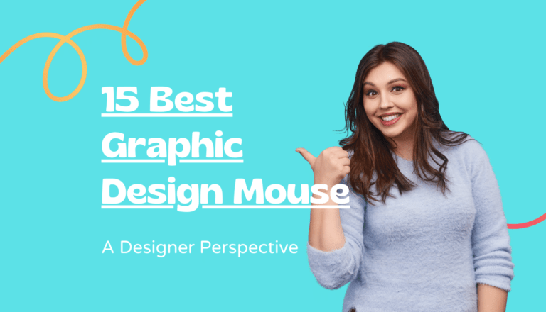 Beautiful lady pointing left at a sign that states "15 Best Graphic Design Mouse: A Designer Perspective"