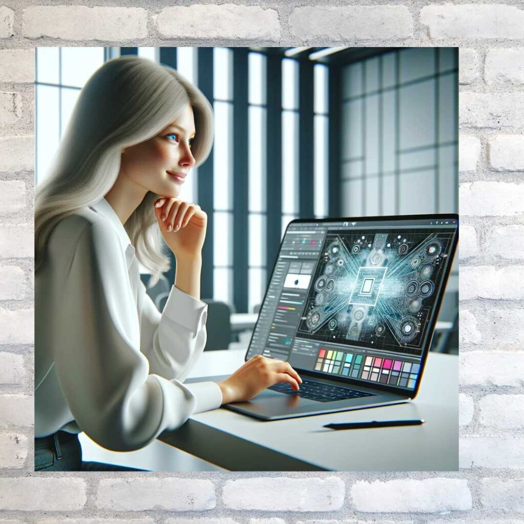 Woman at a laptop looking at a digital product