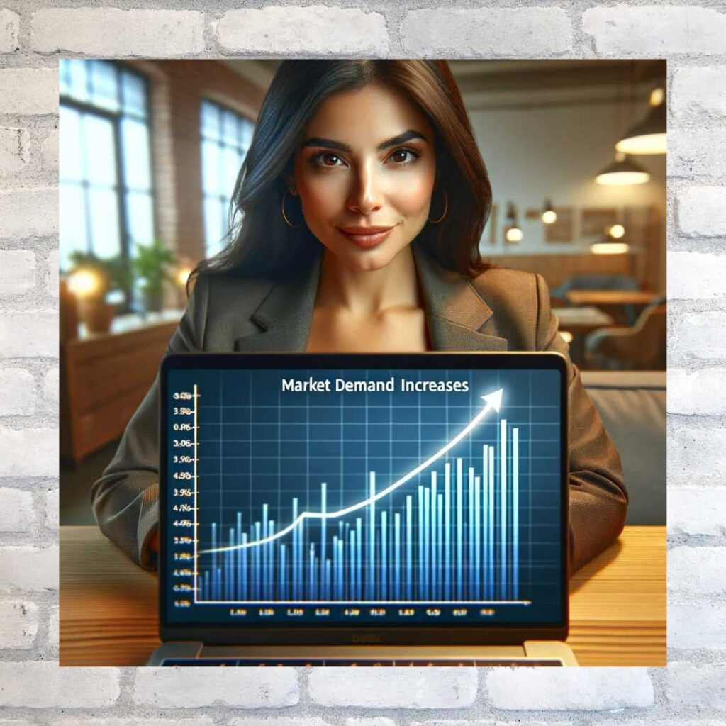 Young woman behind a laptop screen showing the Market Demand Increases