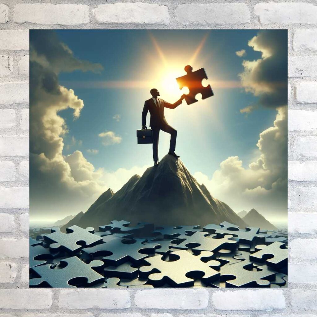 A Man on the top of a mountain holding a puzzle piece this is respresenting overcoming challenges