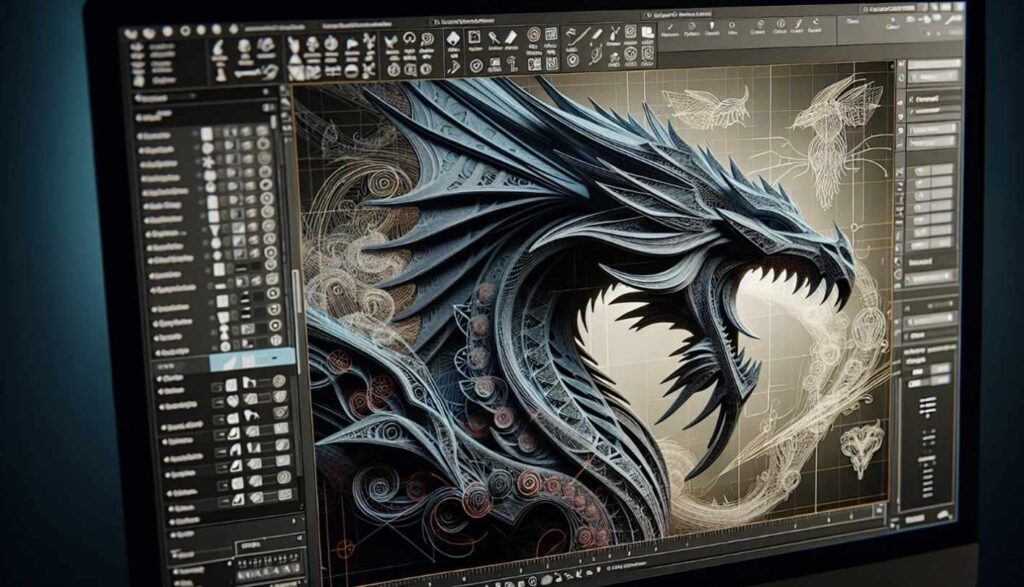 Graphic Design Image of a very details dragon on a software screen